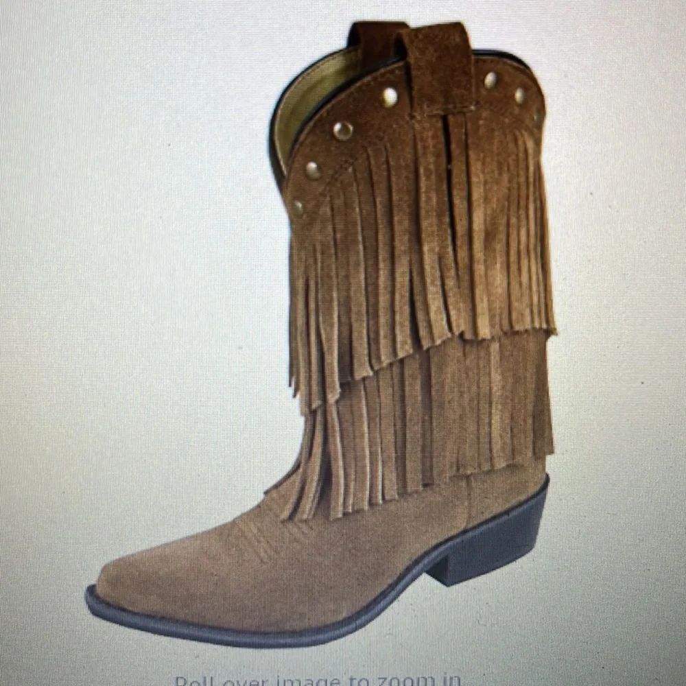 Smoky Mountain Wisteria Suede Studded Kids Brown Western Cowboy Fringe Boots 4